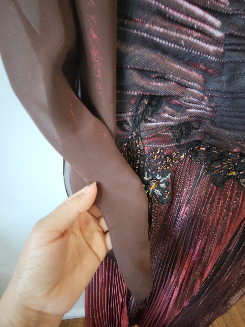 Pleated Metallic Wine Red Evening Dress with Beaded Waist